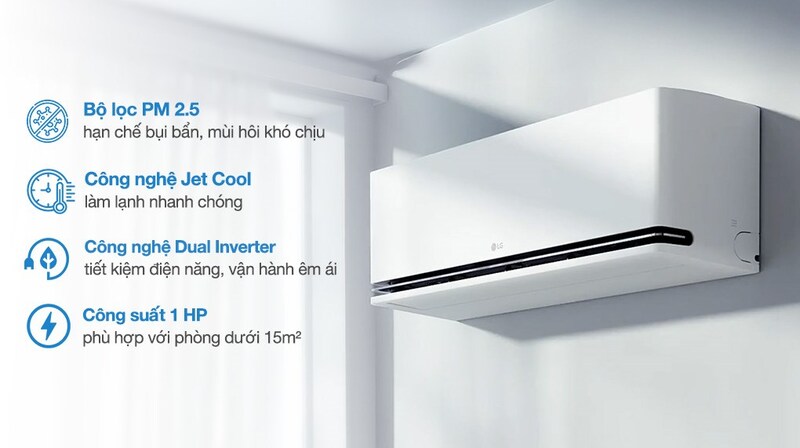Điều hòa LG nổi bật với thiết kế trẻ trung, khả năng làm lạnh nhanh và nhiều tính năng thông minh. 