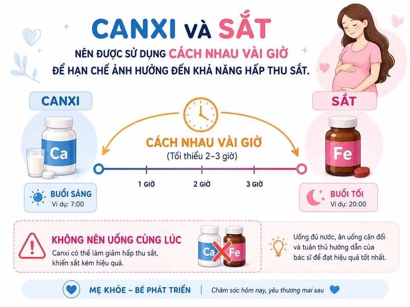 Canxi và sắt nên được sử dụng cách nhau vài giờ để hạn chế ảnh hưởng đến khả năng hấp thu sắt.